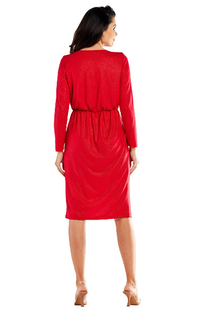 Sukienka midi brokatowa kopertowa długi rękaw dekolt V czerwona